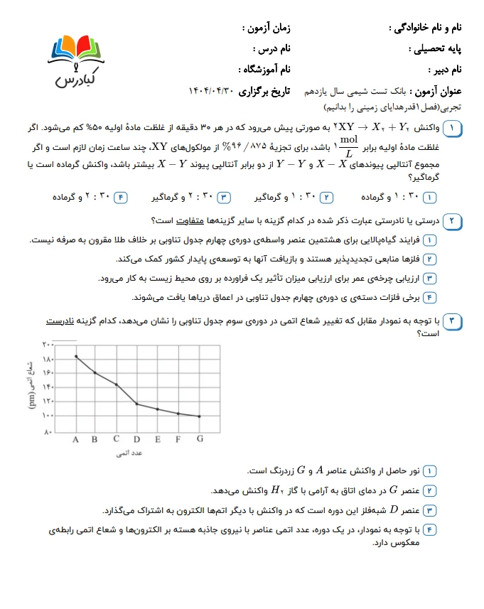 تست شیمی یازدهم تجربی درس 1 باجواب+pdf