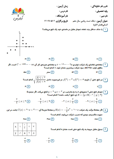 تست ریاضی دهم انسانی درس 2
